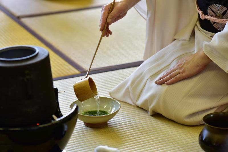茶道を披露する着物の女性
