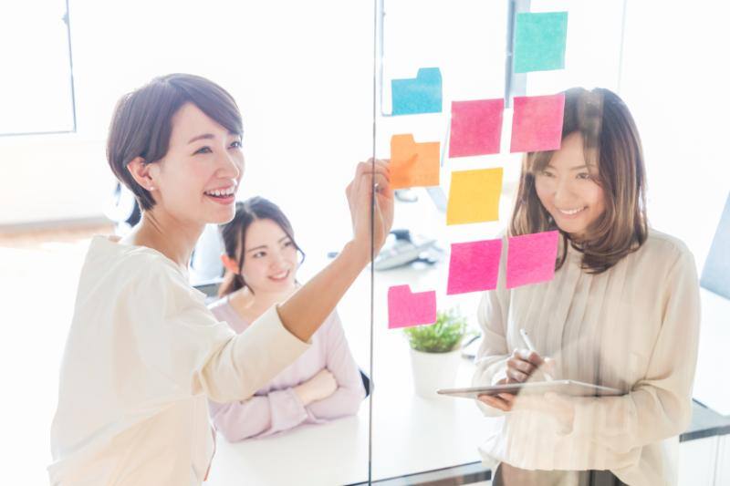 ガラスに付箋紙を貼ってフォルダ構成を整理する女性たち