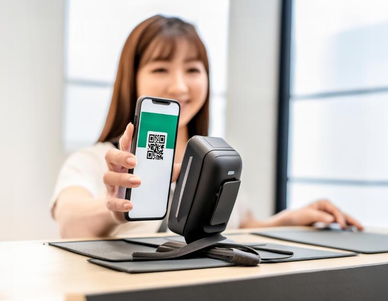 読み取り機にQRコードをかざす女性